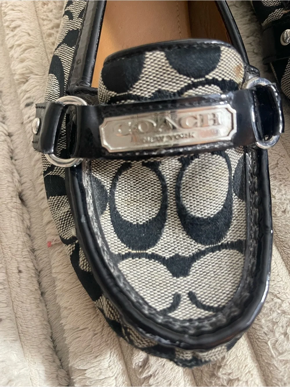 Coach Black and Gray Signature Logo Loafers with Silver Plaque